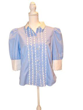 Gretchen Scott Blue & White Scallop Trim Cotton Blouse, Medium NWT